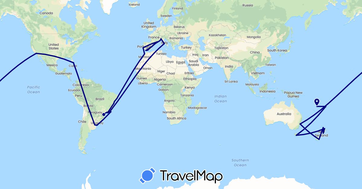 TravelMap itinerary: driving in Argentina, Australia, Brazil, Spain, Fiji, France, Italy, Morocco, New Zealand, Portugal, United States, Uruguay, Vanuatu (Africa, Europe, North America, Oceania, South America)